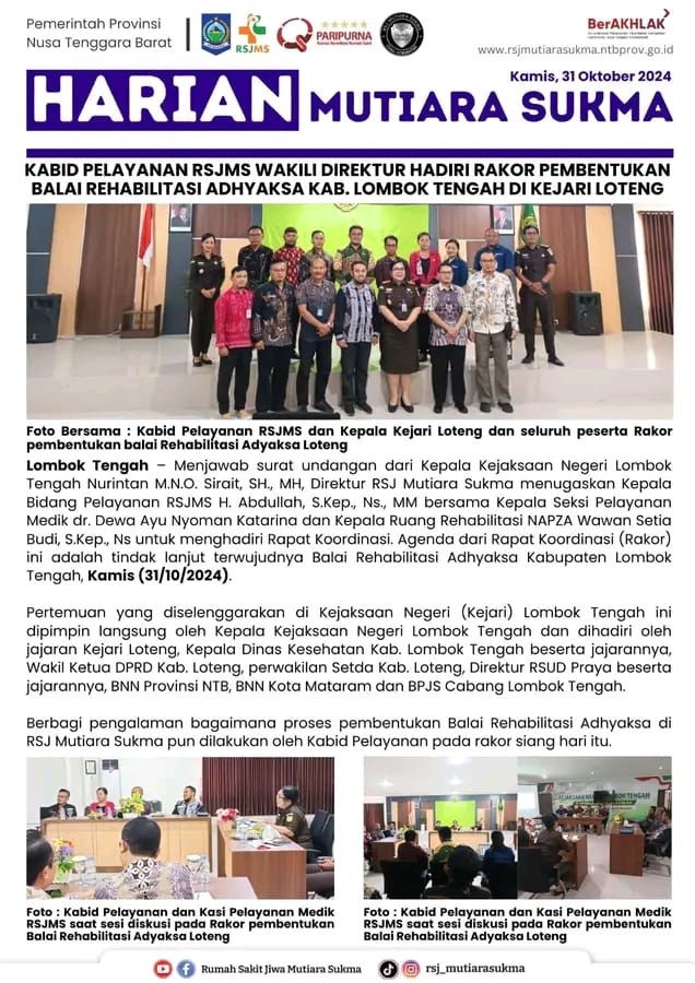 KABID PELAYANAN RSJMS WAKILI DIREKTUR HADIRI RAKOR PEMBENTUKAN BALAI REHABILITASI ADHYAKSA KAB. LOMBOK TENGAH DI KEJARI LOTENG